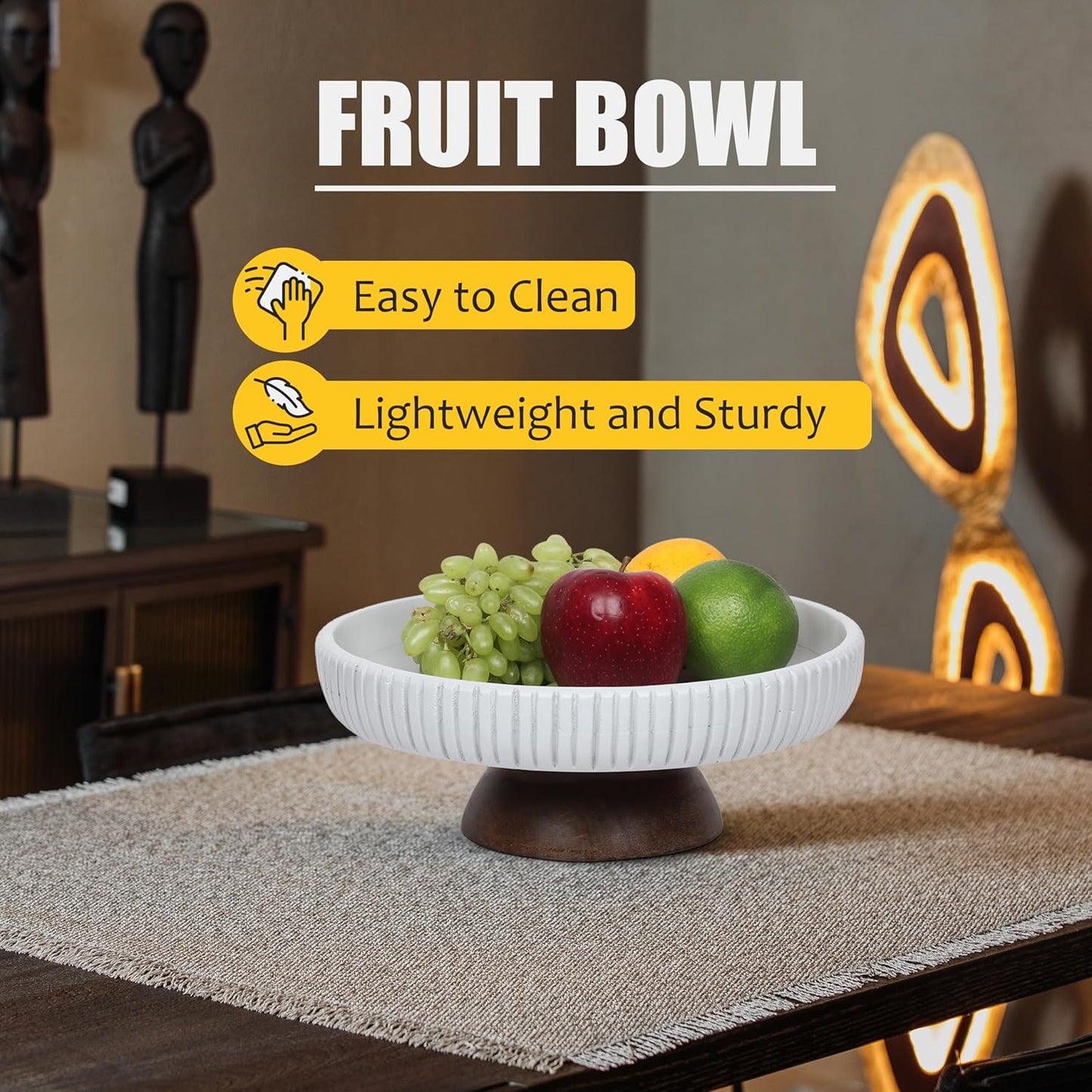 Mango Wood fruit bowl, Decorative black bowl with natural finish pedestal | 12" dia | Dual tone look | Use as Centerpiece for kitchen counter or dining table (Black)