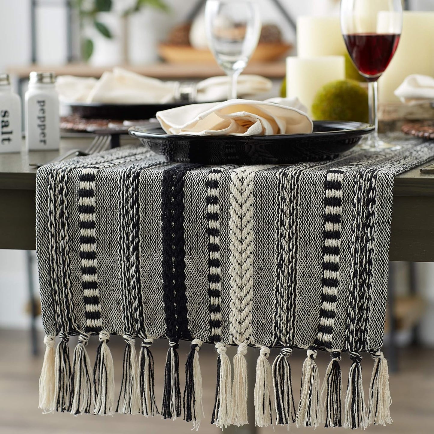 DII Farmhouse Braided Stripe Table Runner Collection, 15x72 (15x77, Fringe Included), Black