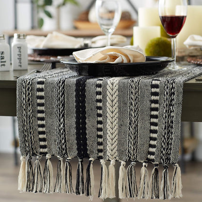 DII Farmhouse Braided Stripe Table Runner Collection, 15x72 (15x77, Fringe Included), Black