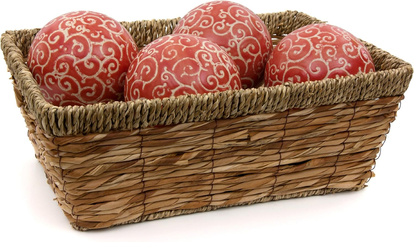 Red Lantern 4" Porcelain Ball Set - Set of 4 Decorative Balls, Red and Beige Vines