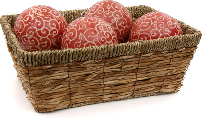 Red Lantern 4" Porcelain Ball Set - Set of 4 Decorative Balls, Red and Beige Vines