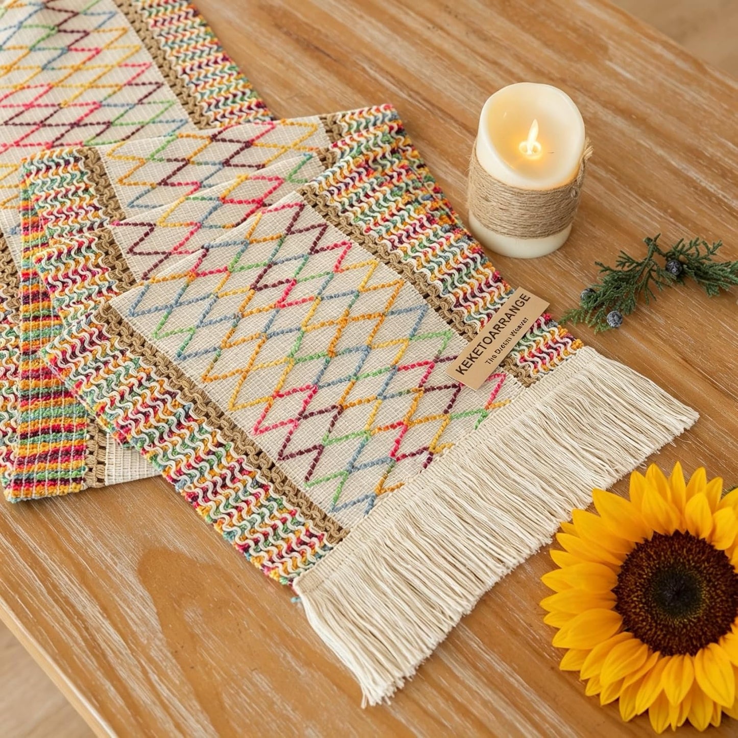 Keketoarrange Boho Sage Green Table Runner for Summer Home Decorations 12x72 Inches Farmhouse Small Macrame Woven Burlap Rustic Coffee Dresser Dining Kitchen Centerpiece Bohemian Decor