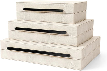 Sagala Set of 2 Ivory Shagreen Decorative Boxes With Brushed Gold Metal Handles, Faux Leather Jewelry Boxes Modern Storages Photo Memory Boxes Home Organizer Boxes (Ivory-Gold, 2pack)