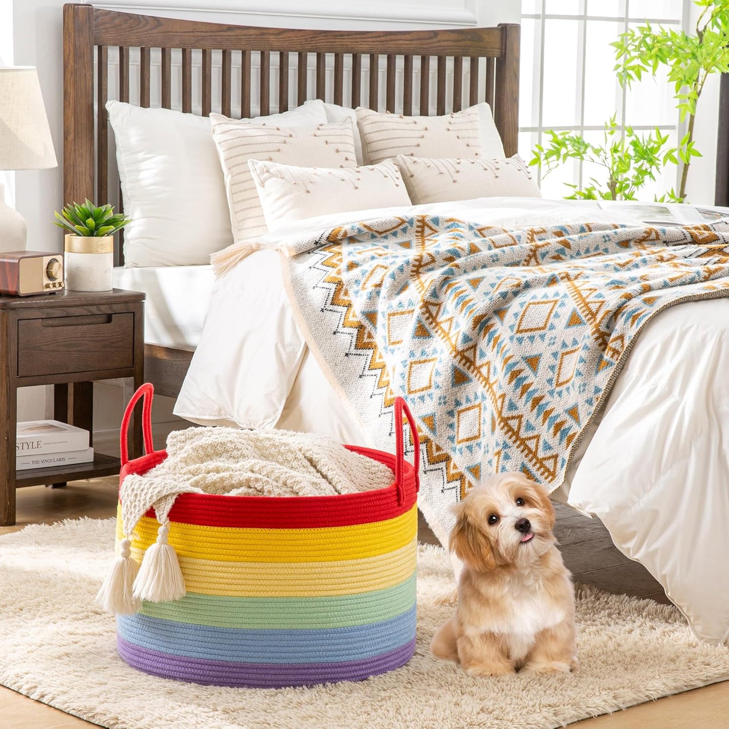 KAKAMAY Large Blanket Basket (20"x13"),Woven Baskets for storage Baby Laundry Hamper, Cotton Rope Blanket Basket for Living Room, Laundry, Nursery, Pillows, Baby Toy chest (White/Brown)