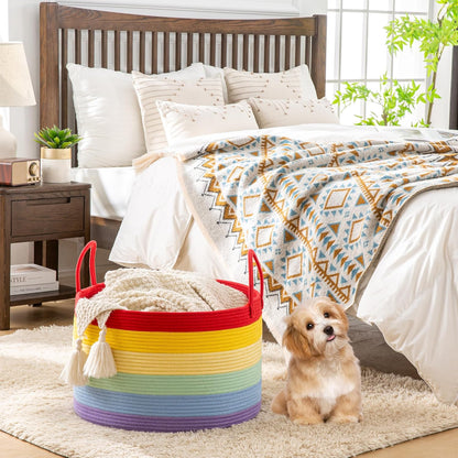 KAKAMAY Large Blanket Basket (20"x13"),Woven Baskets for storage Baby Laundry Hamper, Cotton Rope Blanket Basket for Living Room, Laundry, Nursery, Pillows, Baby Toy chest (White/Brown)