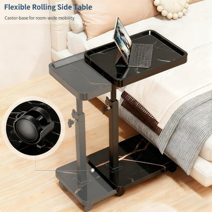 C Table End Table Adjustable Height, 360°Swivel TV Tray Table for Small Spaces, Side Tables with Wheels for Living Room and Bedroom, Bed (Walnut)