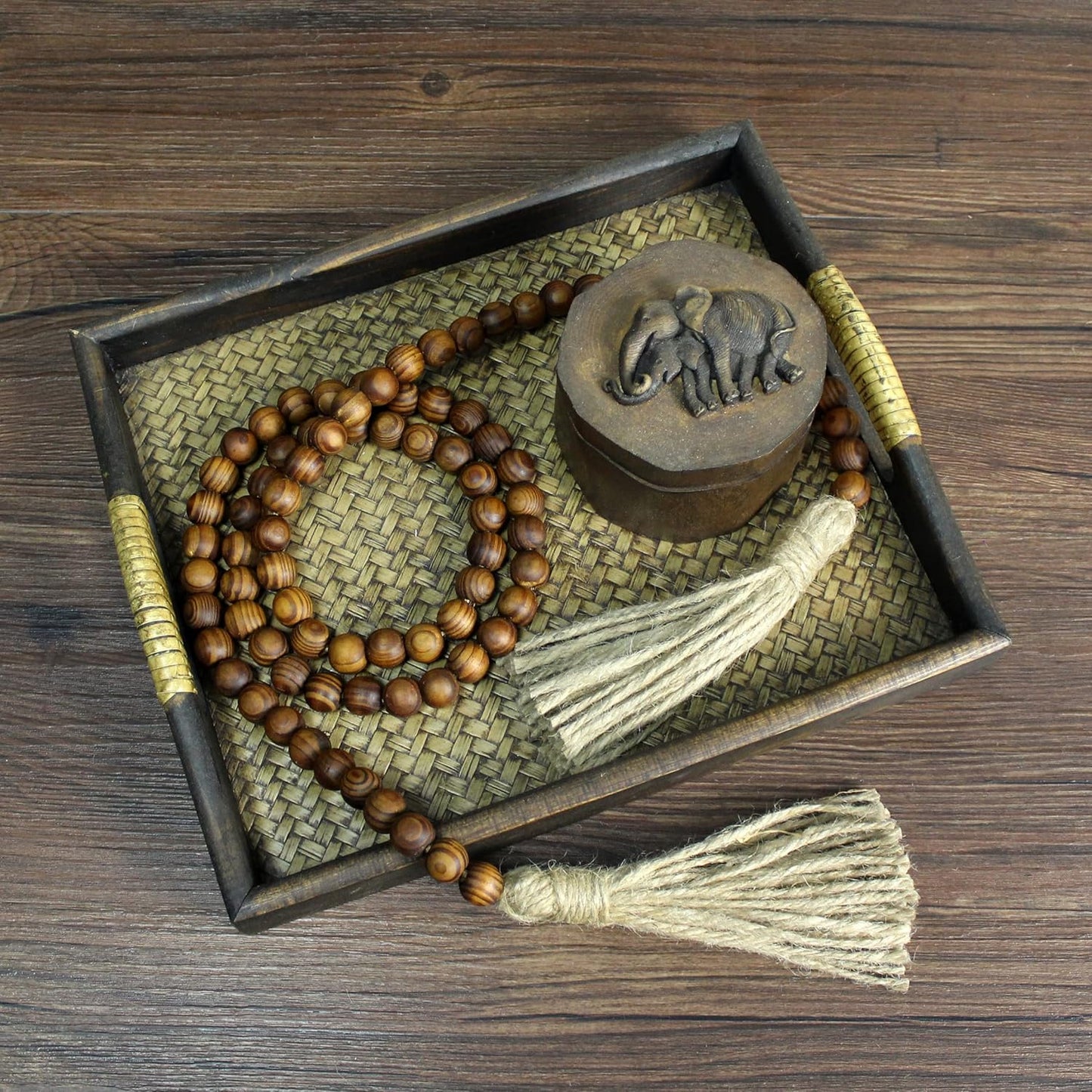 CVHOMEDECO. Wood Beads Garland with Tassels Farmhouse Rustic Wooden Prayer Bead String Wall Hanging Accent for Home Festival Decor. Mix Distressed
