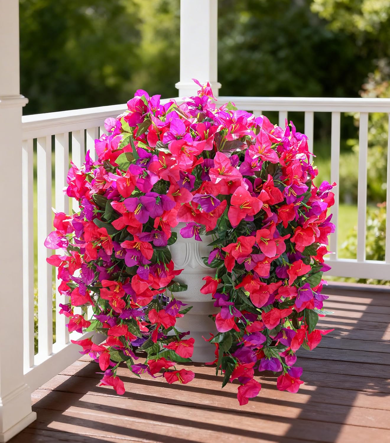 Faux Bougainvillea Artificial Flowers Plants for Outdoor Outside Decoration, 2 PCS Red Fake Flowers UV Resistant Look Real Silk Long Trailing Vines for Front Door Porch Planter Urn Patio Garden Yard