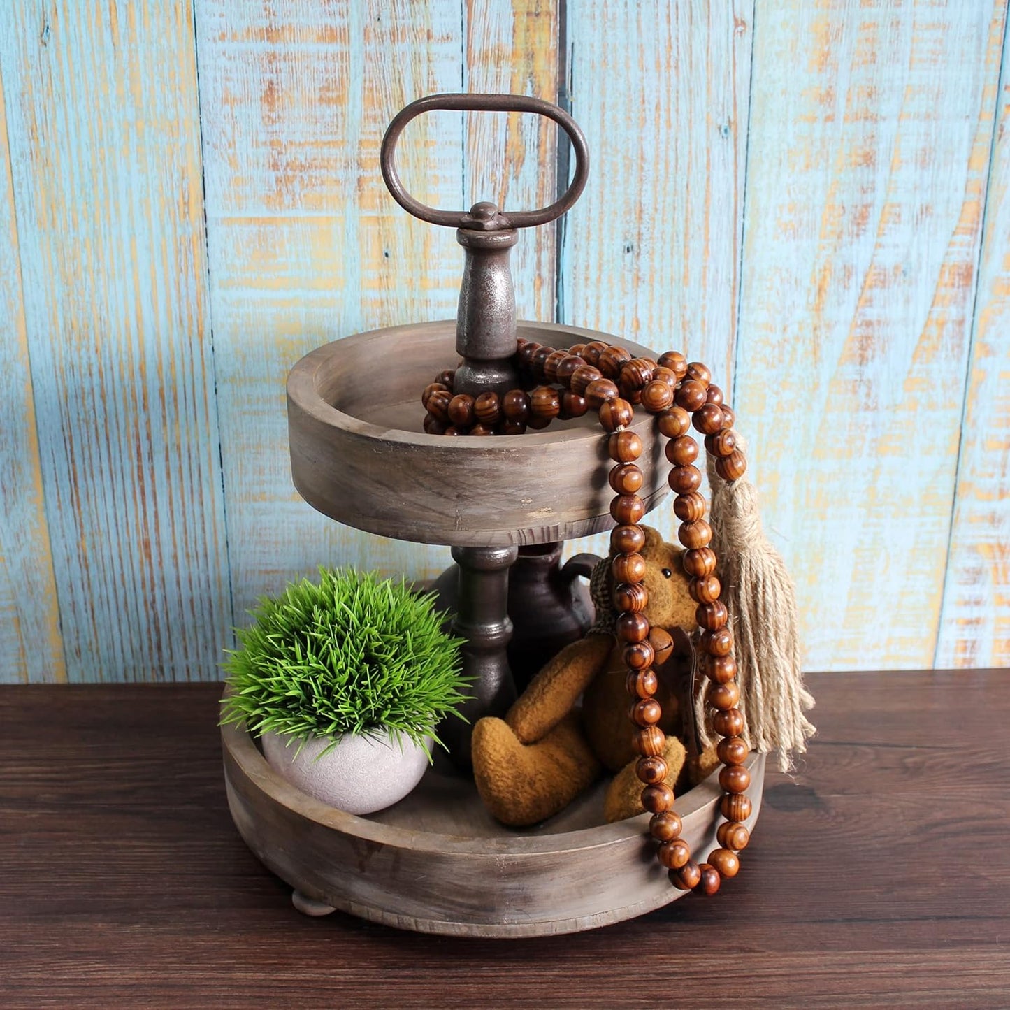CVHOMEDECO. Wood Beads Garland with Tassels Farmhouse Rustic Wooden Prayer Bead String Wall Hanging Accent for Home Festival Decor. Mix Distressed