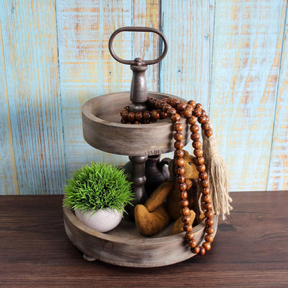 CVHOMEDECO. Wood Beads Garland with Tassels Farmhouse Rustic Wooden Prayer Bead String Wall Hanging Accent for Home Festival Decor. Mix Distressed
