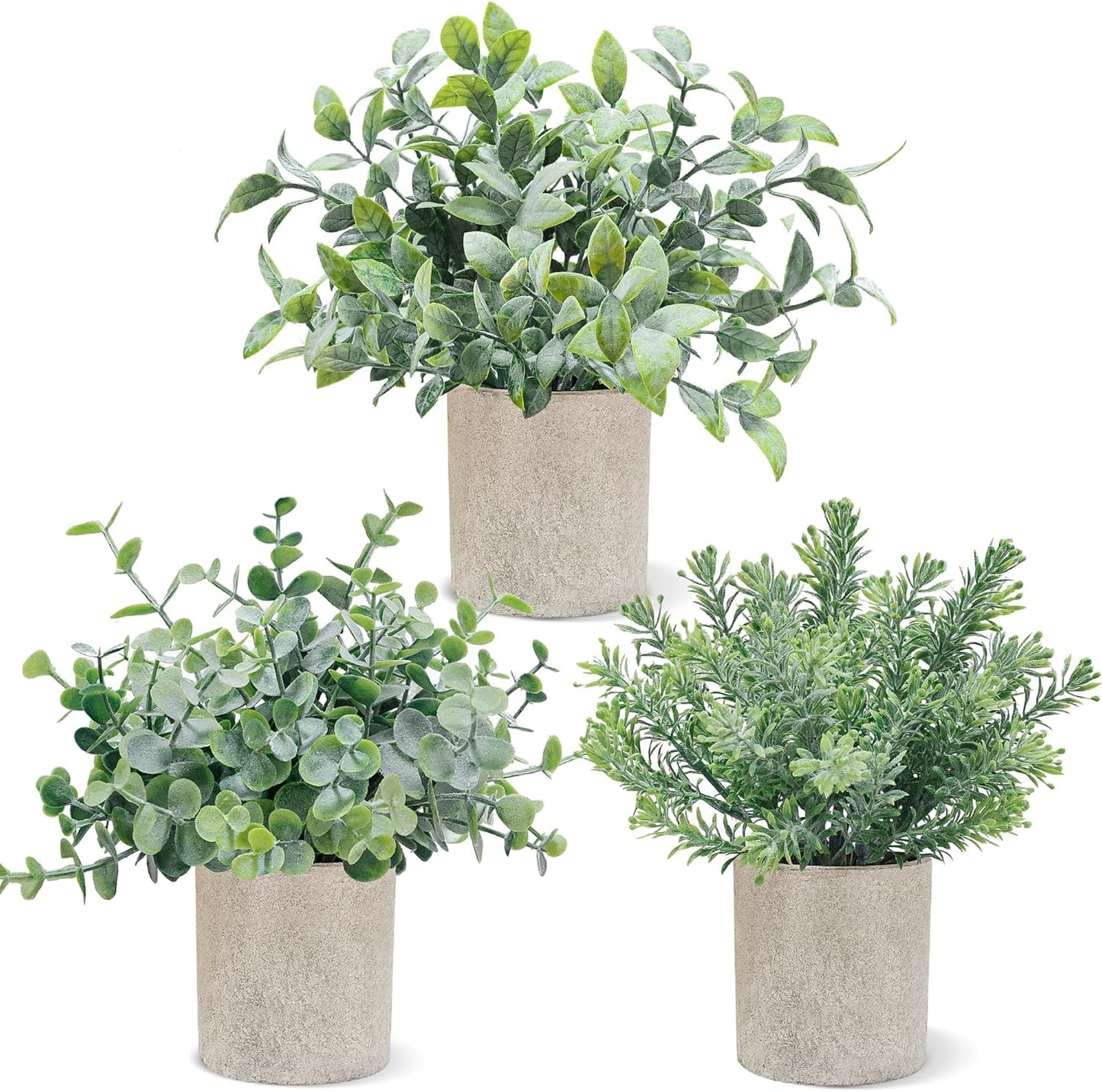 USLAI 3 Pack Fake Plants, 8-Inch Small Potted Eucalyptus Artificial Plants for Home Office Room Shelf Desk Decor