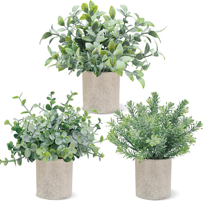 USLAI 3 Pack Fake Plants, 8-Inch Small Potted Eucalyptus Artificial Plants for Home Office Room Shelf Desk Decor