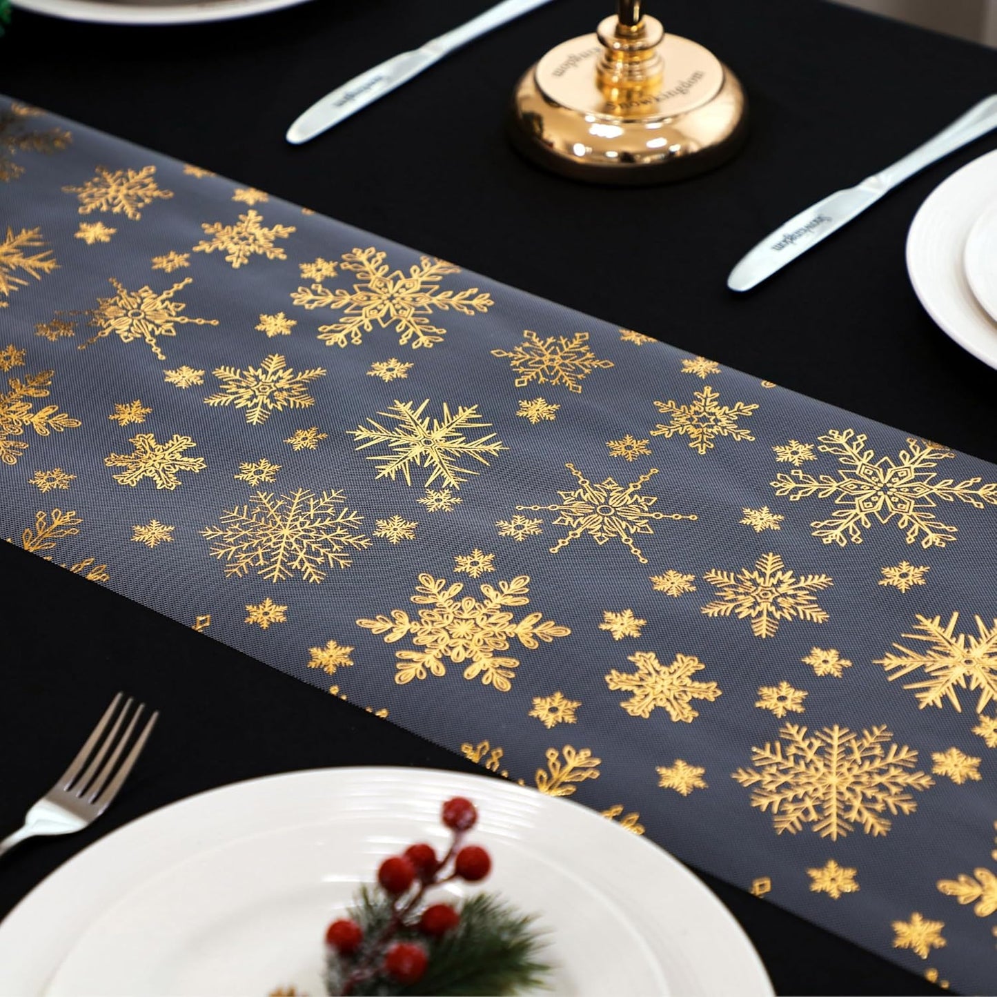 Snowkingdom 2 Pieces Gold Table Runner, Sequin Glitter Foil Metallic Thin Mesh Runner Roll 11"x108", Gold Table Decorations for Event Party, Wedding, Birthday Party, Christmas