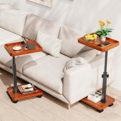C Table End Table Adjustable Height, 360°Swivel TV Tray Table for Small Spaces, Side Tables with Wheels for Living Room and Bedroom, Bed (Walnut)