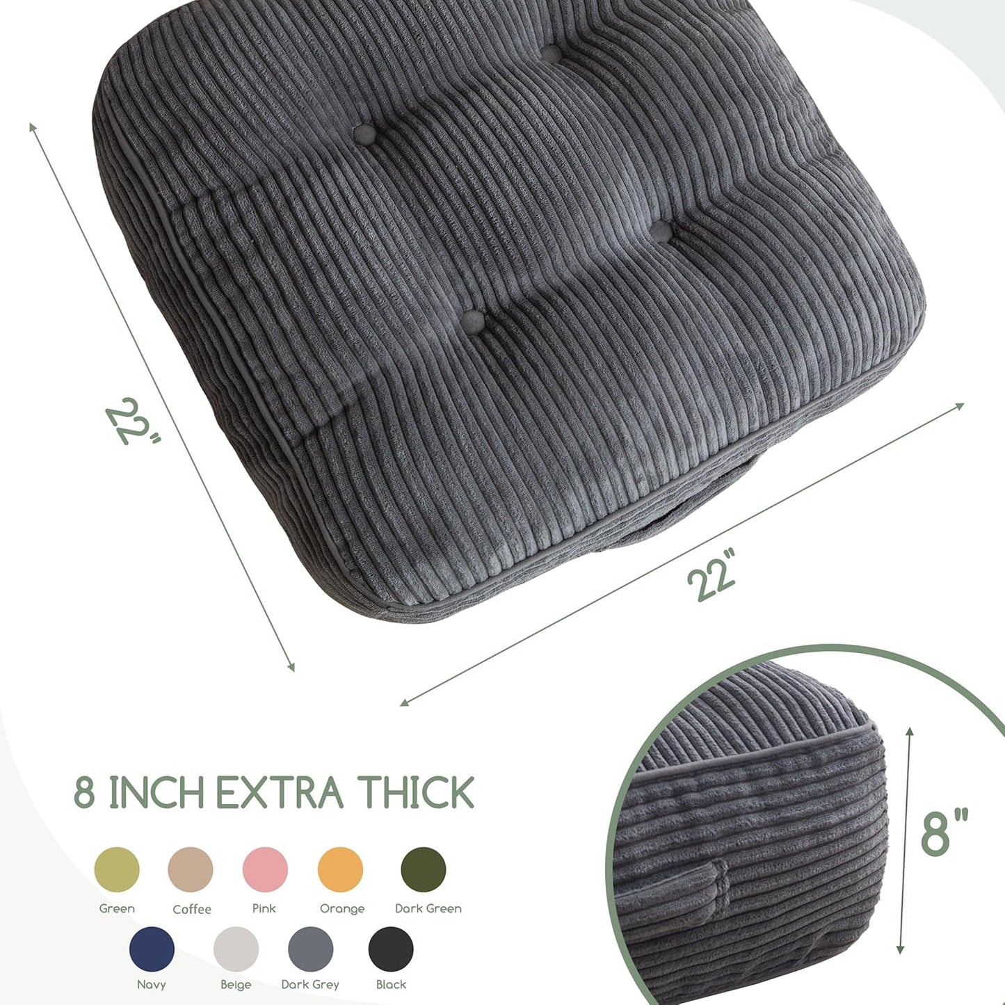 HIGOGOGO 6" Extra Thick Floor Pillow Cushion for Adults, Meditation Cushion Pillow, Large Square Floor Sitting, Tufted Corduroy Cover, for Tatami Living Room or Yoga, 22x22 Inch, 2Pack, Dark Grey