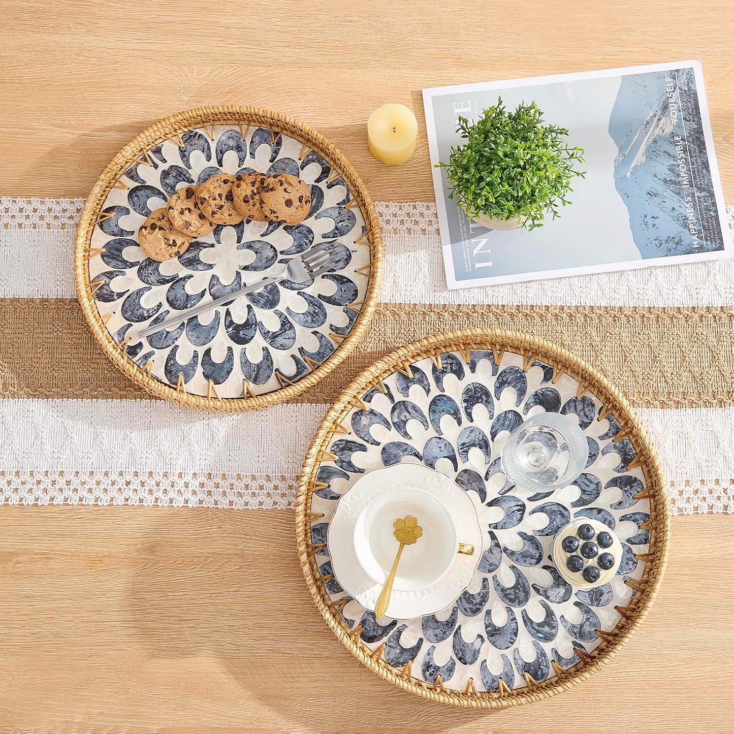 Round Rattan Tray with Mother of Pearl Inlay, Rattan Serving Tray with Wooden Base, Decorative Wicker Basket for Table Decor, Storage and Display of Coffee Bread Food Fruit (Leaf)