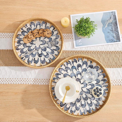 Round Rattan Tray with Mother of Pearl Inlay, Rattan Serving Tray with Wooden Base, Decorative Wicker Basket for Table Decor, Storage and Display of Coffee Bread Food Fruit (Leaf)