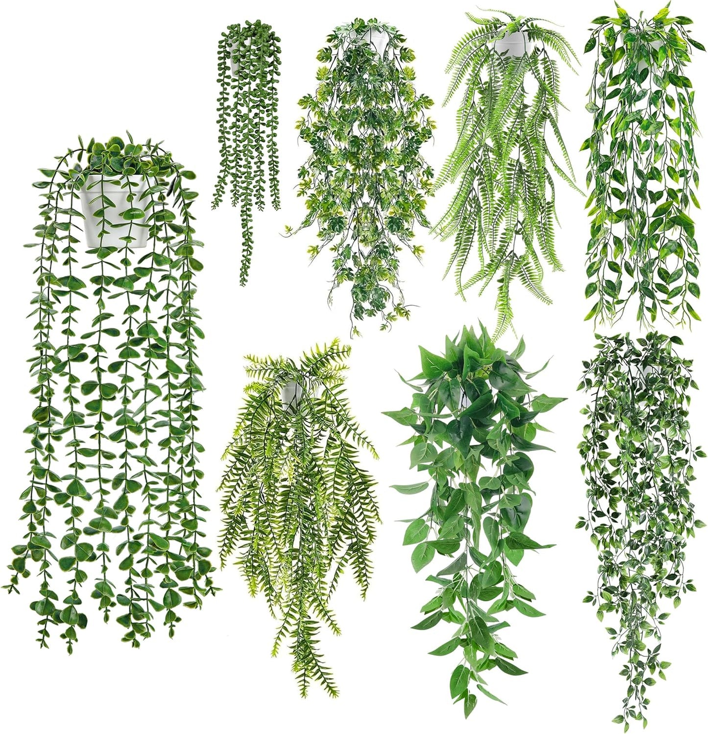 Der Rose 4Pcs Fake Plants Hanging Artificial Ivy Vine Faux Eucalyptus Hanging Plants, Boston Fern, String of Pearls for Living Room Aesthetic Bedroom Boho Kitche Wall Shelf Indoor Outdoor Decor