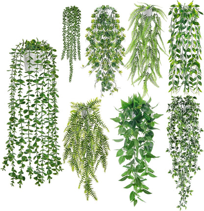 Der Rose 4Pcs Fake Plants Hanging Artificial Ivy Vine Faux Eucalyptus Hanging Plants, Boston Fern, String of Pearls for Living Room Aesthetic Bedroom Boho Kitche Wall Shelf Indoor Outdoor Decor