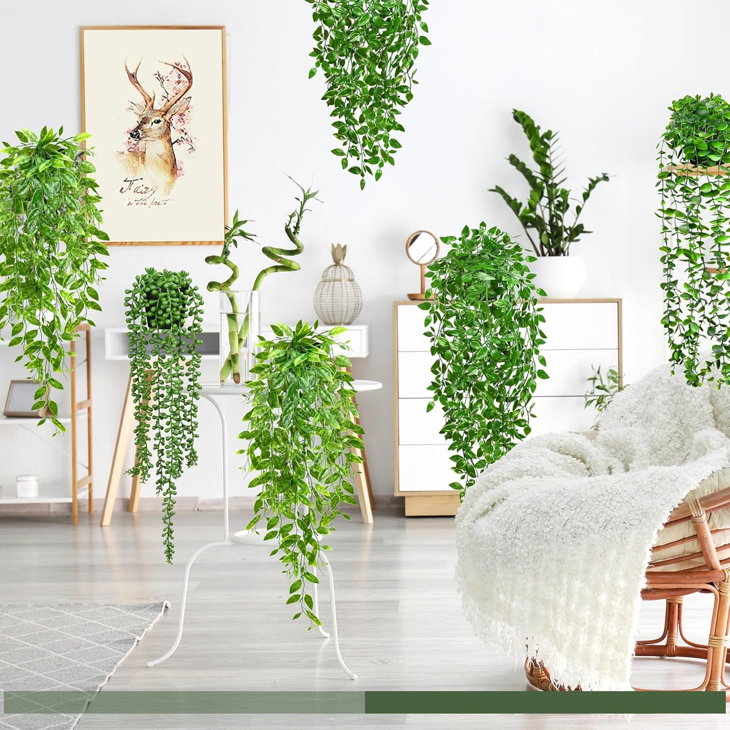 Palonu Artificial Hanging Plants for Shelf, 4 Pack Fake Potted Greenery Plant Faux Mandala Vine, String of Pearls, Ivy Vine,Persian Grass Fern in Pot for Desk Home Bathroom Farmhouse Room Table Decor