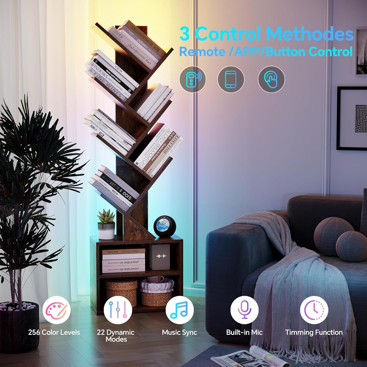 SUNMORY 6 Tier Tree Bookshelf, Small Bookcase with Storage Cabinet, Modern Tall Narrow Bookshelves Organizer, Floor Standing Book Shelf for Bedroom/Living Room/Home Office/Corner, Rustic Brown