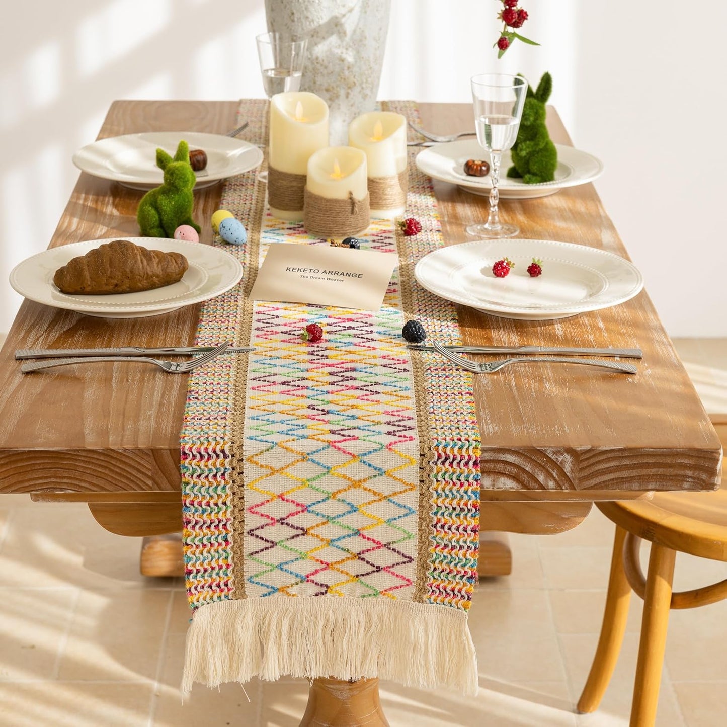 Keketoarrange Boho Sage Green Table Runner for Summer Home Decorations 12x72 Inches Farmhouse Small Macrame Woven Burlap Rustic Coffee Dresser Dining Kitchen Centerpiece Bohemian Decor