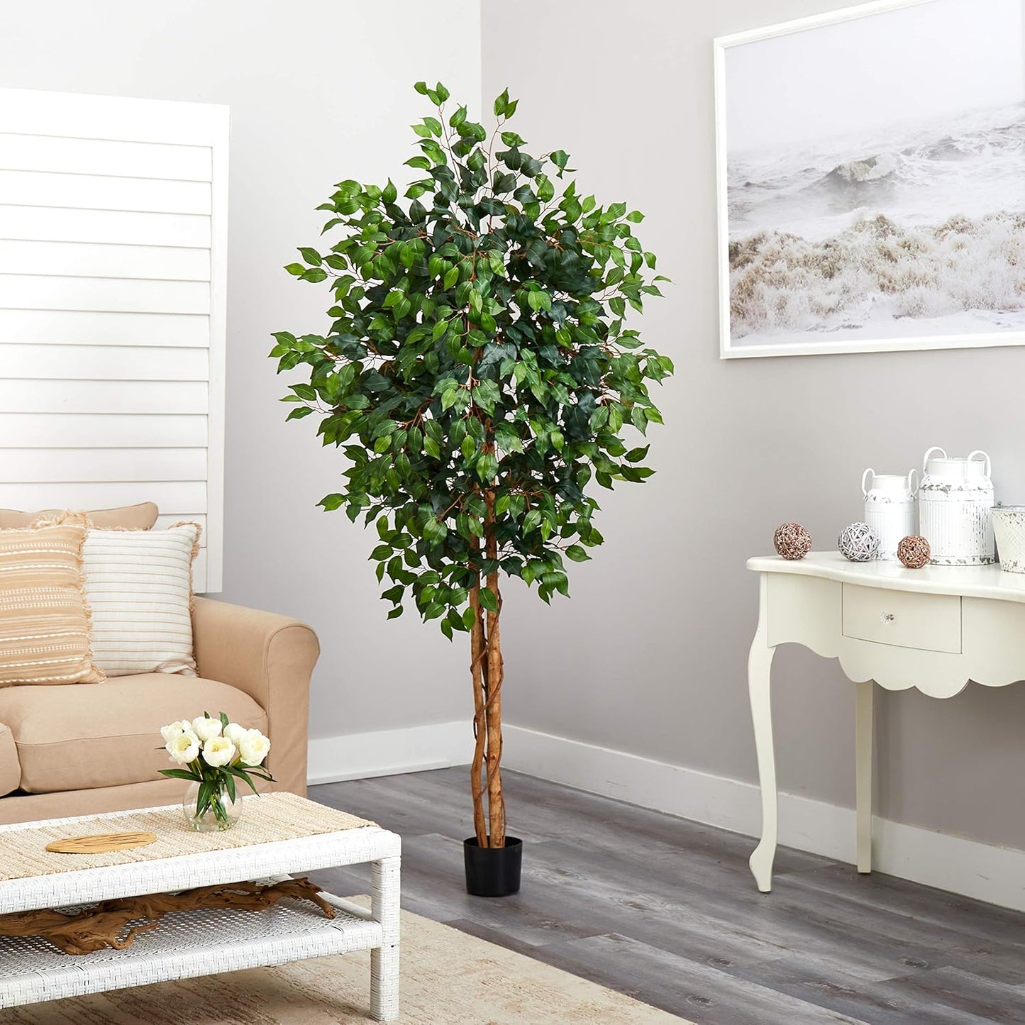 Nearly Natural 4ft Triple Trunk Ficus Silk Tree with Natural Wood Trunks and Dense Foliage, Mid-Size Faux Floor Plant for Home and Office