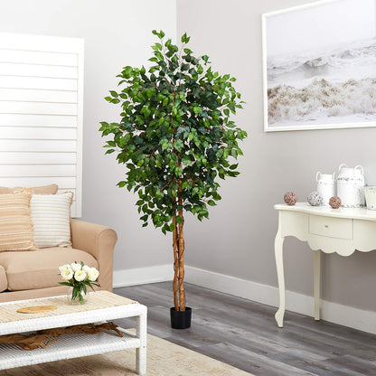 Nearly Natural 4ft Triple Trunk Ficus Silk Tree with Natural Wood Trunks and Dense Foliage, Mid-Size Faux Floor Plant for Home and Office