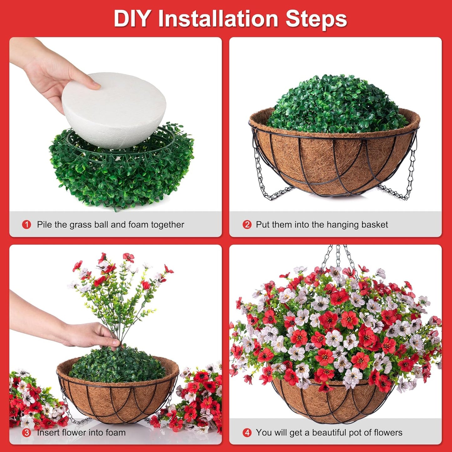Artificial Silk Flowers Hanging Basket for Outdoor Indoor, Daisy with Eucalyptus Leaves Arrangement for Garden Yard Spring Summer Decor, Faux Green Plant in Metal Coconut Lining Pot(Red Purple)
