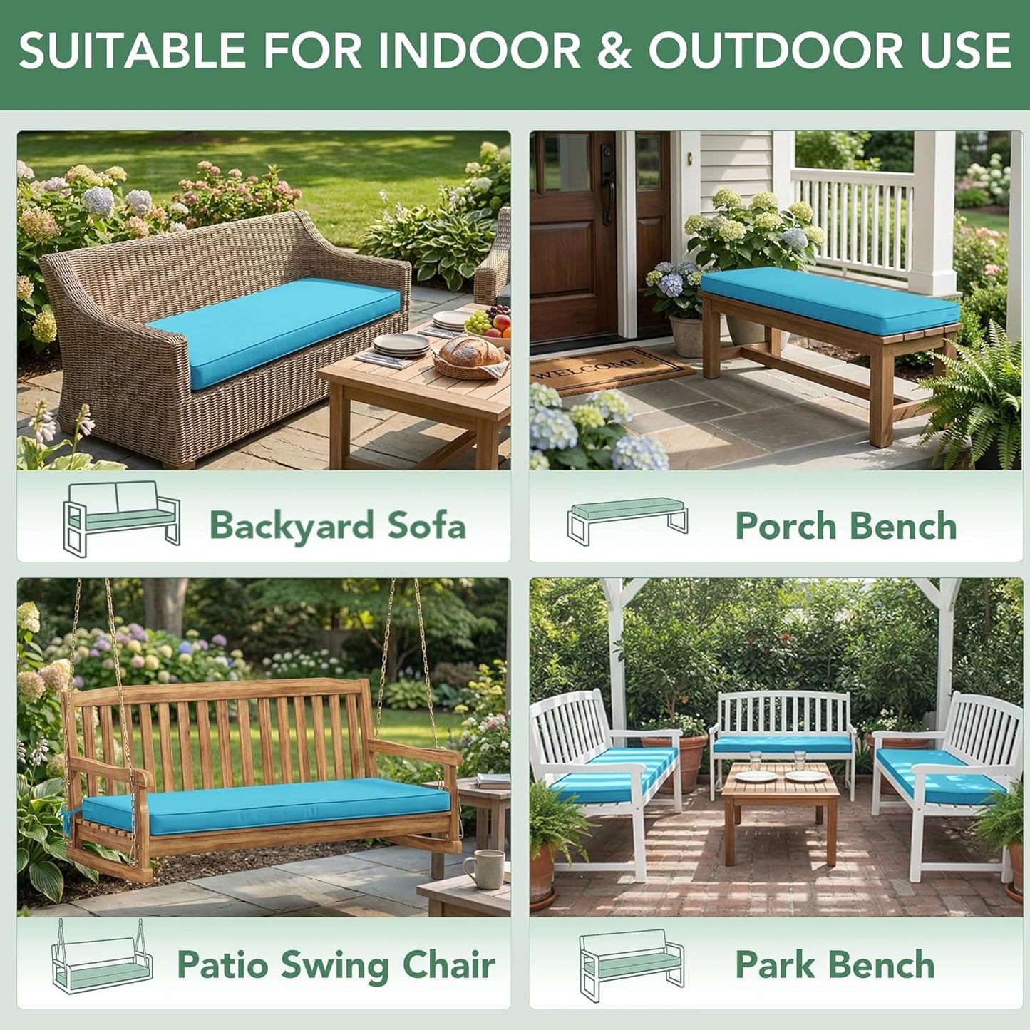 Summsun Outdoor Bench Cushion: Waterproof and Fade Resistant Patio Furniture Cushions - Non-Slip Bench Pad Cushion with Removable Cover for Garden Swing Porch Sofa Settee, 48 x 18 x 3 Inch, Black