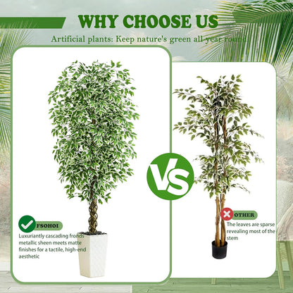 Artificial Ficus Tree 6FT Faux Plants Indoor Tall Fake Plants with White Planter, Green Lifelike Lush Fake Ficus Tree for Home Living Room Bedroom Outdoor Balcony House Office Decor