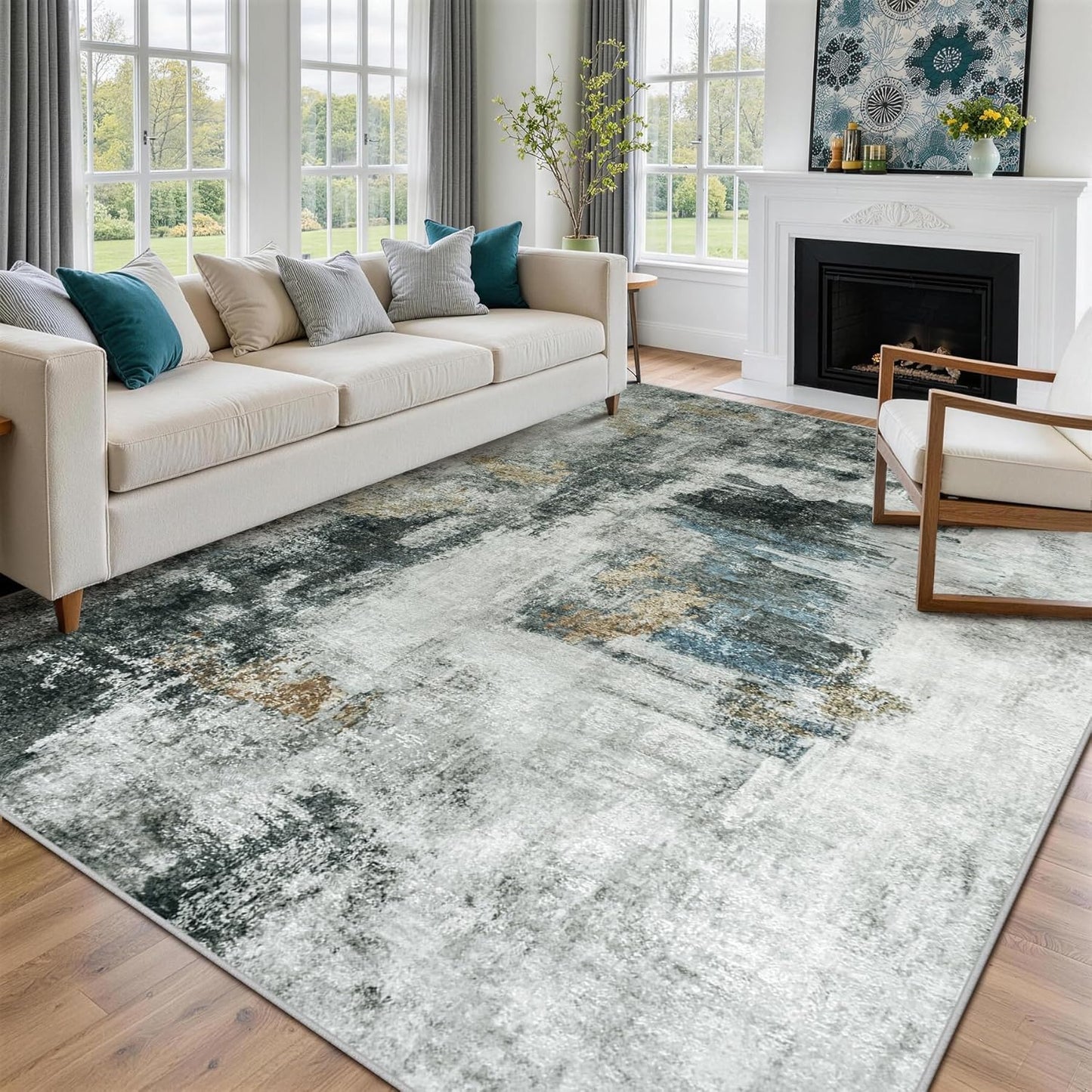 8x10 Area Rugs for Living Room Rug Washable: Abstract Large Rug for Dining Room Bedroom Carpet Non Slip 8 by 10 Indoor Modern Nursery Home Office Blue Grey