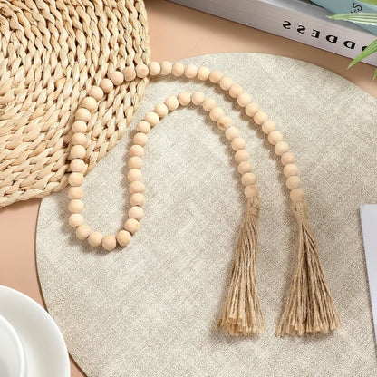 2Pcs 34in Wood Bead Garland with Tassels, Natural Wooden Beads Garland, Boho Decorative Beads Home Decor for Coffee Table, Wall, Shelf, Tray, Vase, Living Room, Bedroom