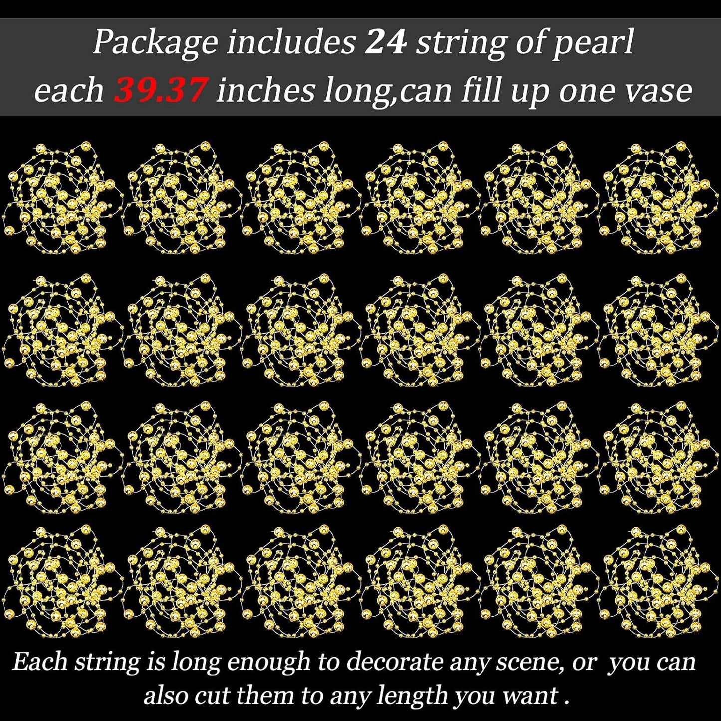 Tondiamo 24 Pcs Artificial Pearl String for Floating Candle Faux Pearls Beads String Garland Centerpiece Decoration for Vases Filler Wedding Spring Holiday Party Decor(Gold)