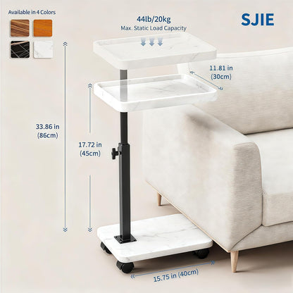 C Table End Table Adjustable Height, 360°Swivel TV Tray Table for Small Spaces, Side Tables with Wheels for Living Room and Bedroom, Bed (Walnut)