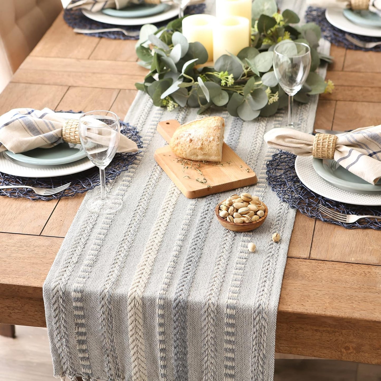 DII Farmhouse Braided Stripe Table Runner Collection, 15x72 (15x77, Fringe Included), Black