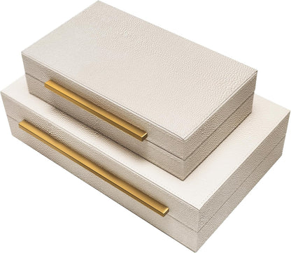 Sagala Set of 2 Ivory Shagreen Decorative Boxes With Black Metal Handles, Faux Leather Jewelry Boxes Modern Storage Boxes Photo Boxes Memory Boxes Home Organizer Box(Ivory)