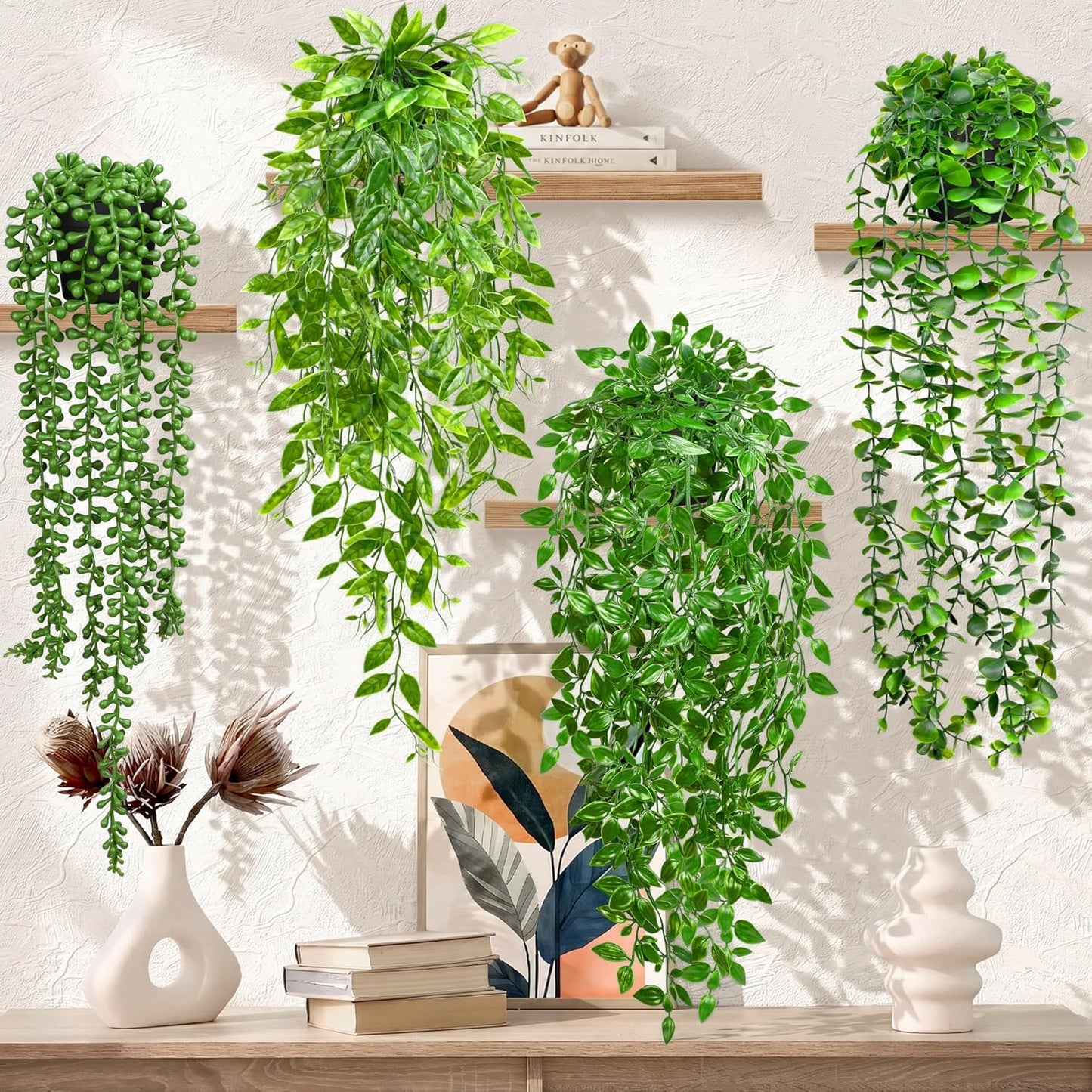 Palonu Artificial Hanging Plants for Shelf, 4 Pack Fake Potted Greenery Plant Faux Mandala Vine, String of Pearls, Ivy Vine,Persian Grass Fern in Pot for Desk Home Bathroom Farmhouse Room Table Decor