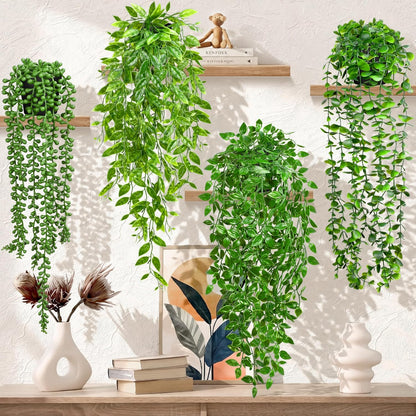 Palonu Artificial Hanging Plants for Shelf, 4 Pack Fake Potted Greenery Plant Faux Mandala Vine, String of Pearls, Ivy Vine,Persian Grass Fern in Pot for Desk Home Bathroom Farmhouse Room Table Decor