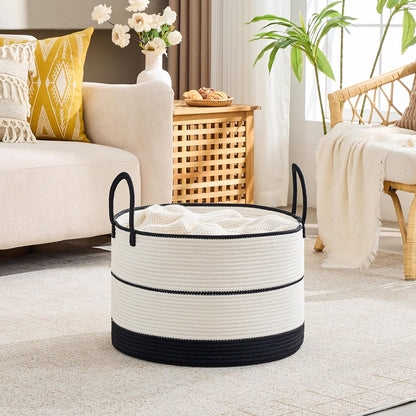 KAKAMAY Large Blanket Basket (20"x13"),Woven Baskets for storage Baby Laundry Hamper, Cotton Rope Blanket Basket for Living Room, Laundry, Nursery, Pillows, Baby Toy chest (White/Brown)