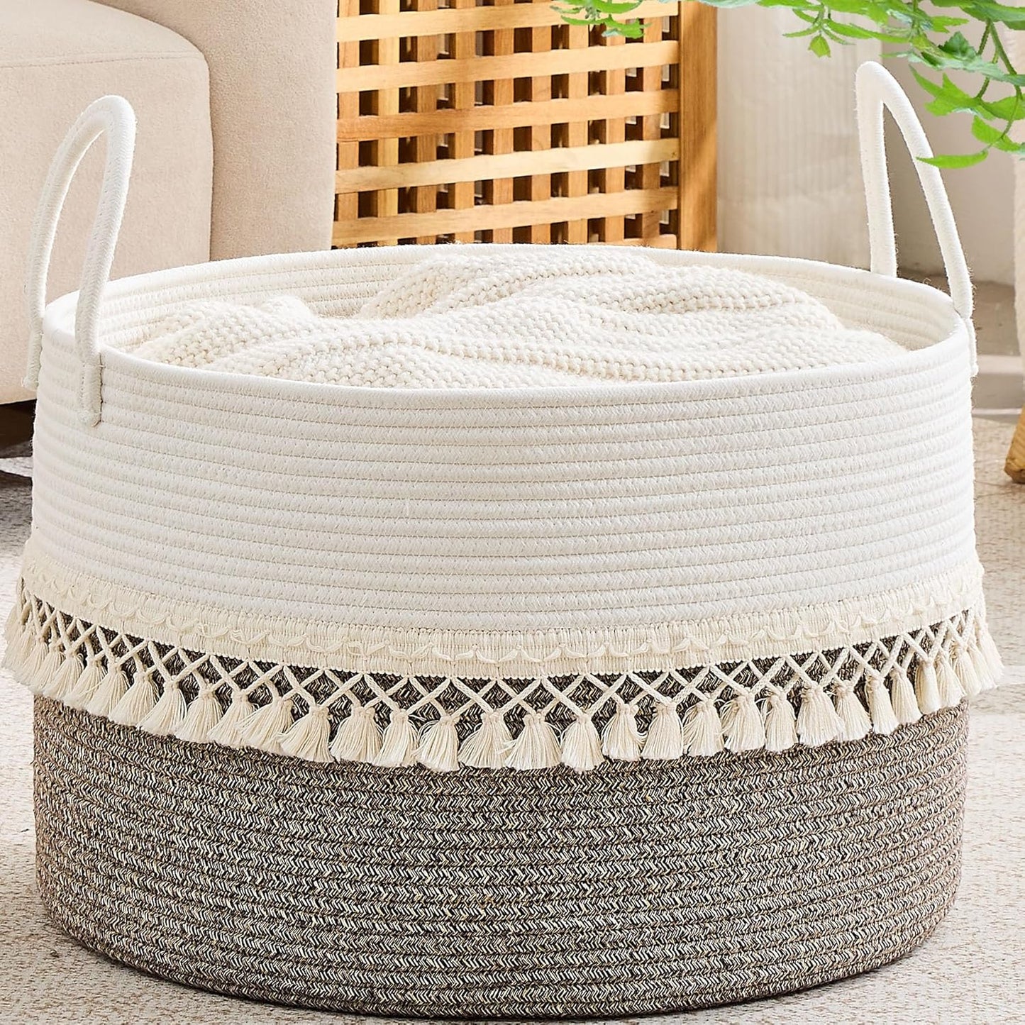 KAKAMAY Large Blanket Basket (20"x13"),Woven Baskets for storage Baby Laundry Hamper, Cotton Rope Blanket Basket for Living Room, Laundry, Nursery, Pillows, Baby Toy chest (White/Brown)