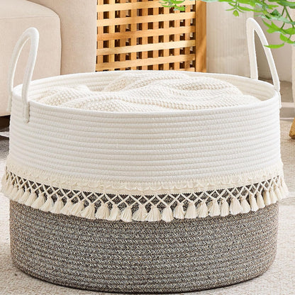 KAKAMAY Large Blanket Basket (20"x13"),Woven Baskets for storage Baby Laundry Hamper, Cotton Rope Blanket Basket for Living Room, Laundry, Nursery, Pillows, Baby Toy chest (White/Brown)