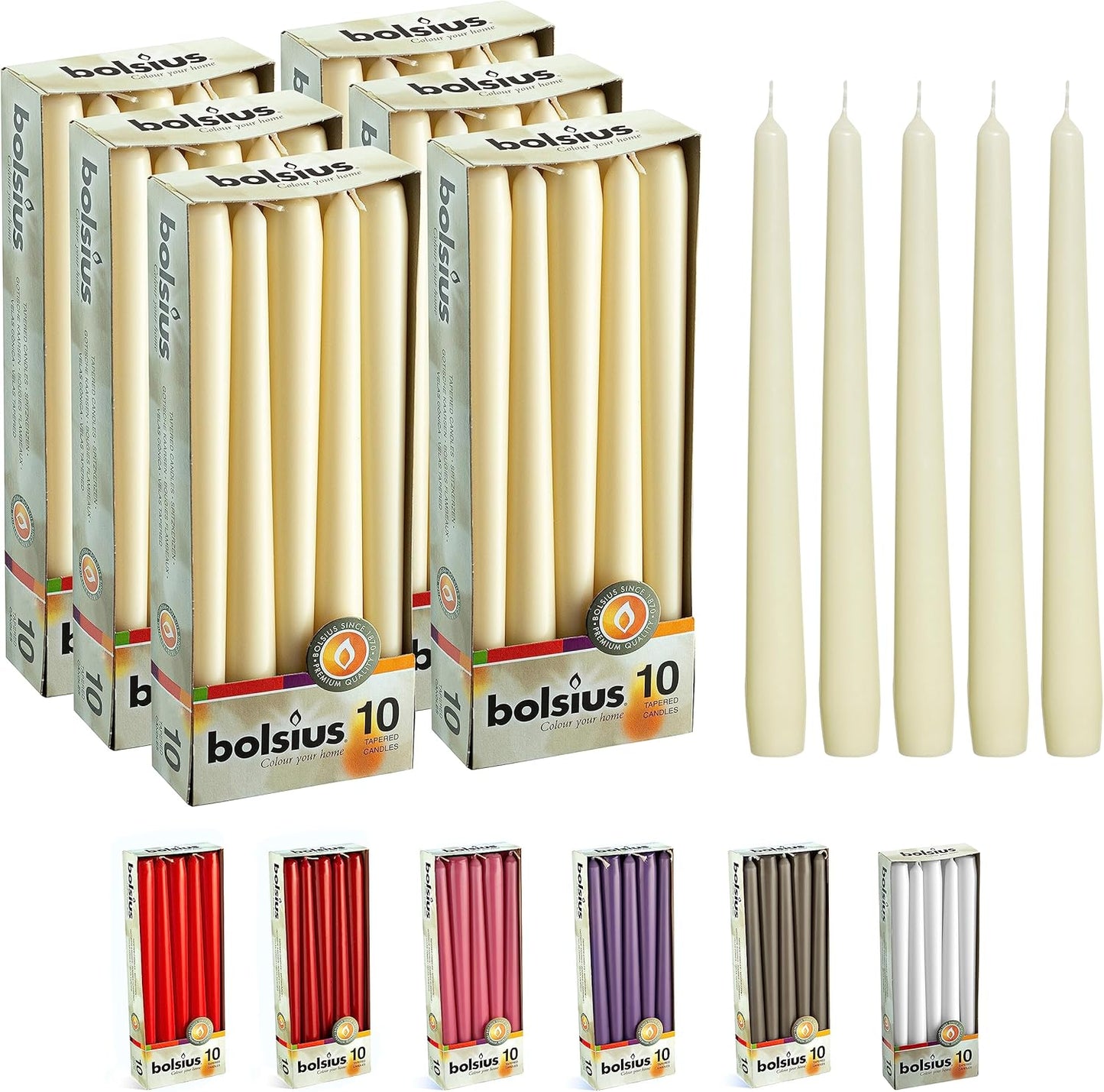 BOLSIUS Ivory Taper Candles - 10 Pack Unscented 10 Inch Dinner Candle Set - 8 Hours Burn Time - Premium European Quality - Smokeless and Dripless Household, Wedding, Party, and Home Décor Candlesticks
