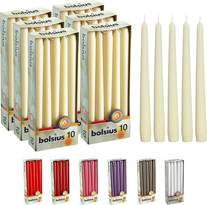 BOLSIUS Ivory Taper Candles - 10 Pack Unscented 10 Inch Dinner Candle Set - 8 Hours Burn Time - Premium European Quality - Smokeless and Dripless Household, Wedding, Party, and Home Décor Candlesticks