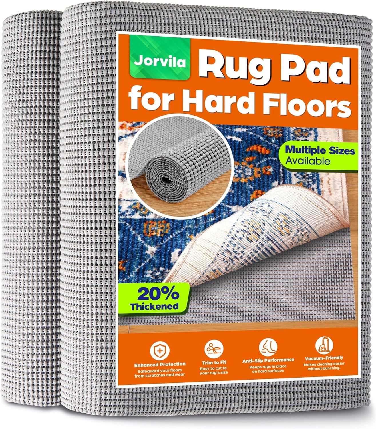 Jorvila Non-Slip Rug Pad Gripper 8x10 Feet, Anti Skid Mat for Under Area Rugs, Keeps Rugs in Position and Safe, Thick Cushioned Carpet Pad for Hardwood Floors Protection