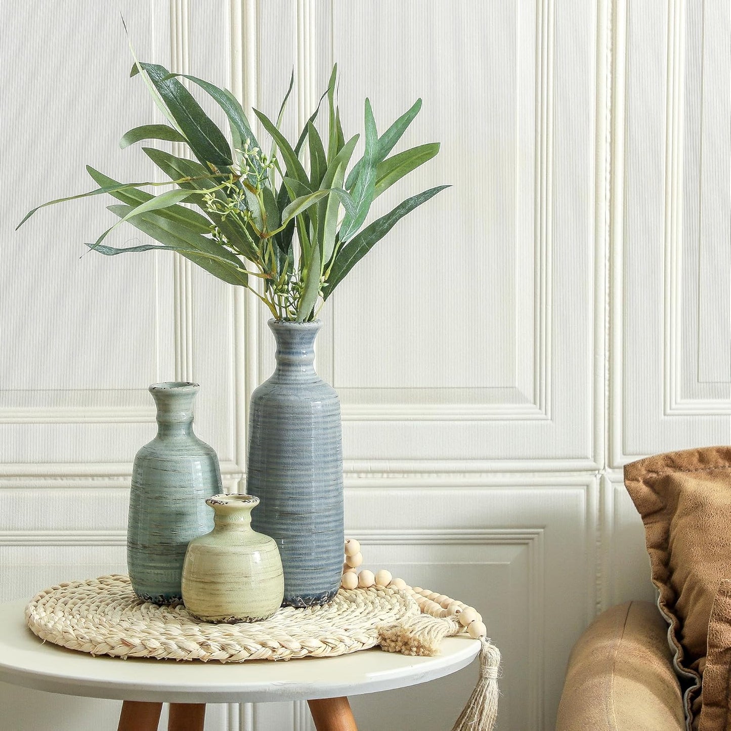 Ceramic Vase Set of 3 | Neutral Vase Home Decor with Handle | Pottery Modern Farmhouse Vases Pampas Grass Flower Vases for Home Decor Table Living Room Centerpieces Mantel Decor - Multicolor