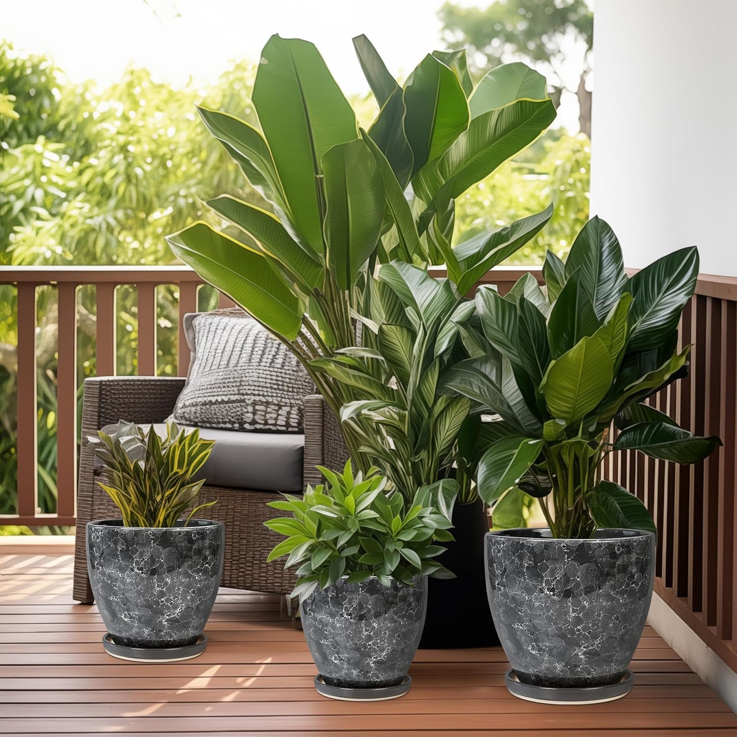 10 Inch Ceramic Planter Pot Round Plant Pot for Indoor Plants Outdoor Large Flower Pot with Drainage Hole and Saucer Blue