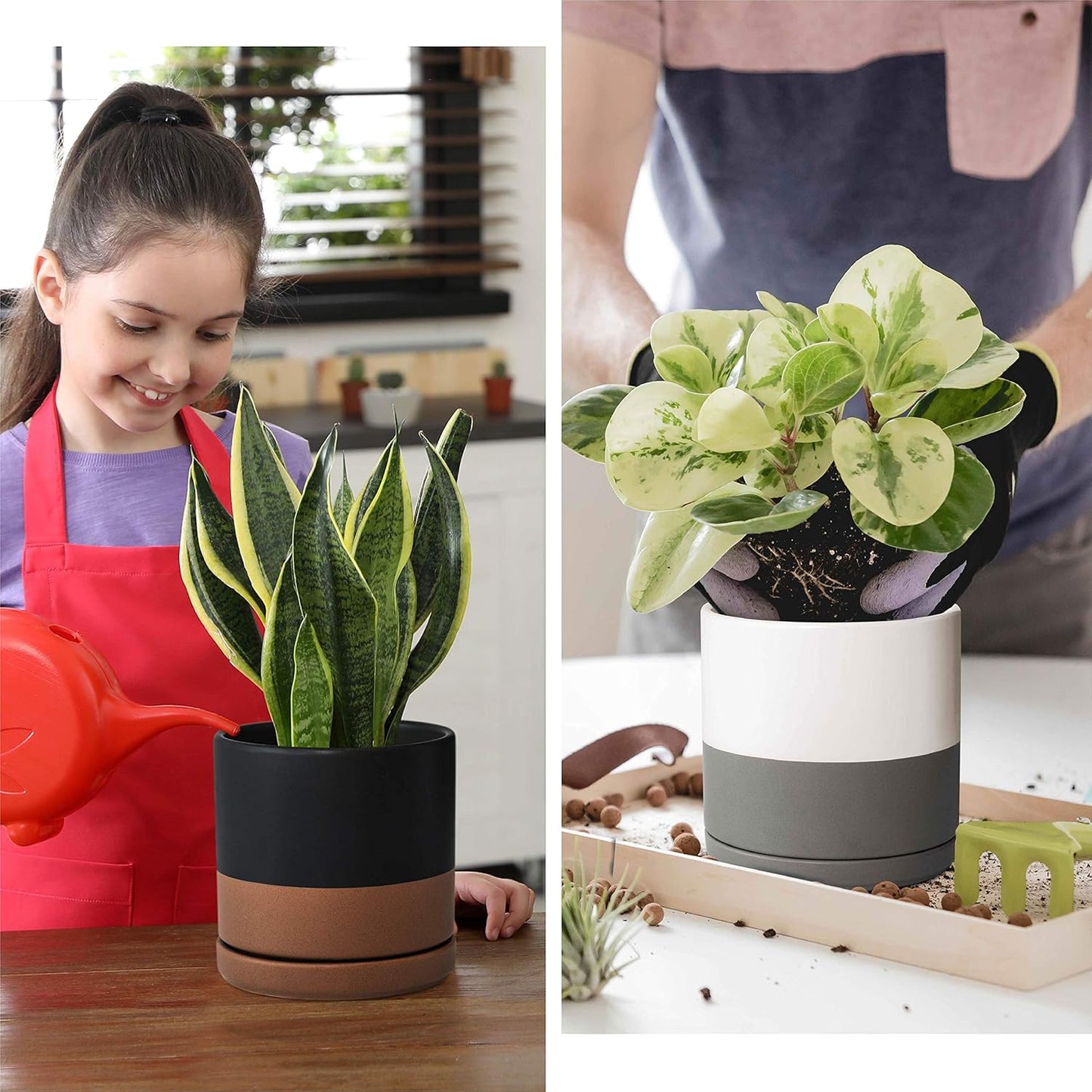 D'vine Dev Set of 2 Plants Pots, 6.5 Inch Ceramic Planter Pot for Plants with Drainage Hole and Saucer, White, 94-V-C-1