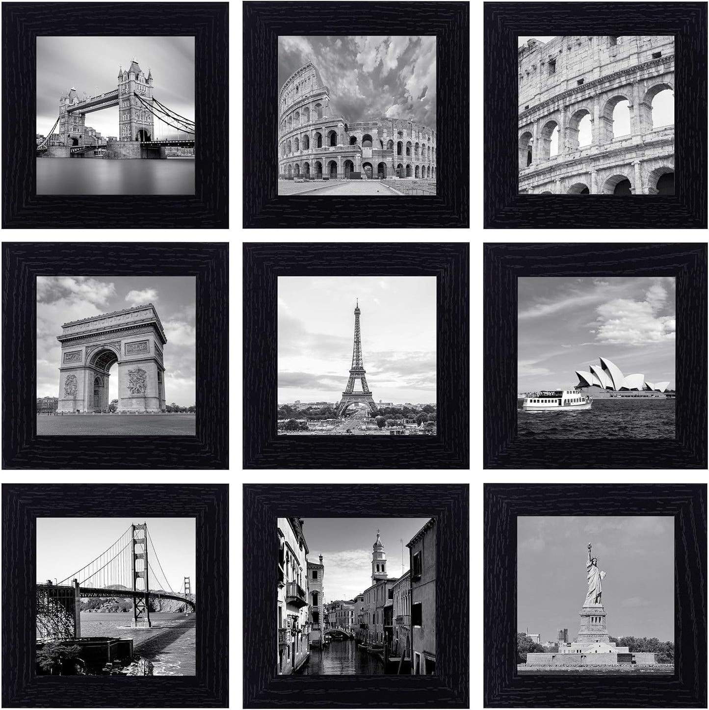 eletecpro 12x12 Picture Frames Set of 9 with Clear Acrylic Cover, Display 8x8 Photos with Mat or 12x12 Without, Classic and Sturdy Square Collage Gallery Wall Decor, Easy Wall Mount, Black