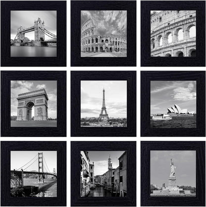 eletecpro 12x12 Picture Frames Set of 9 with Clear Acrylic Cover, Display 8x8 Photos with Mat or 12x12 Without, Classic and Sturdy Square Collage Gallery Wall Decor, Easy Wall Mount, Black